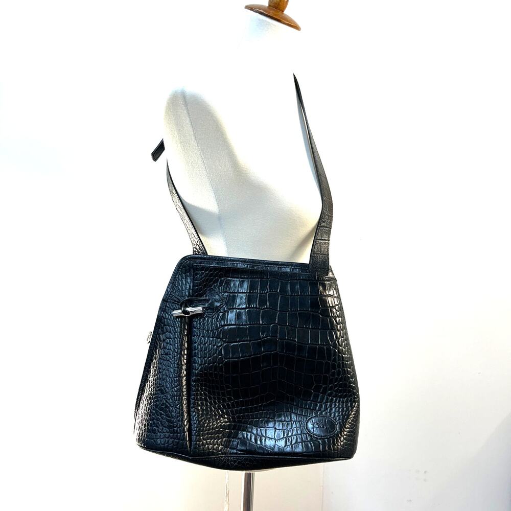 Longchamp Black Croc-Embossed Leather Crossbody Bag